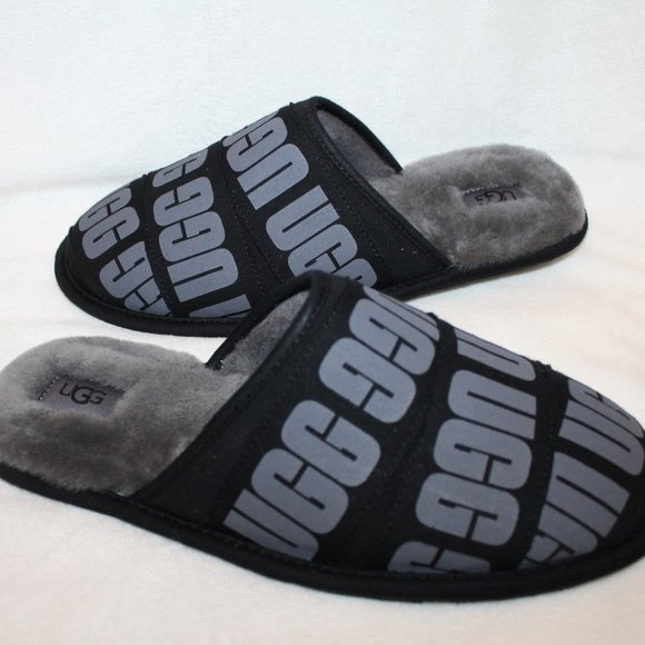 NIB UGG MEN\'S LOGO BLACK GRAY SLIP‎ ON SCUFF SLIPPERS main image 7